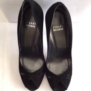 Stuart Weitzman Black Suede Patent Heel Small Patent Platform Peep Toe S…